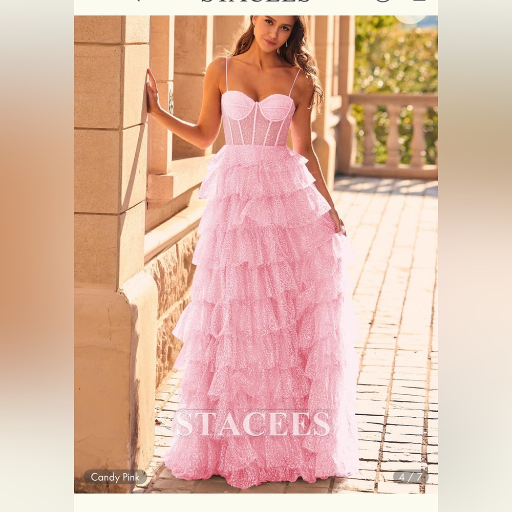 NWT Pink tiered prom gown glitter tulle with sweep train, size 2 , candy pink